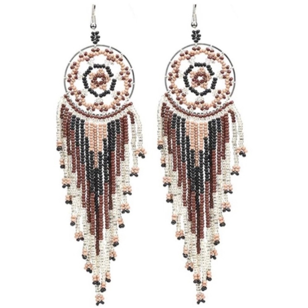 Betsey Johnson Rare Boho Japan Seed Dream Catcher Beaded Earrings